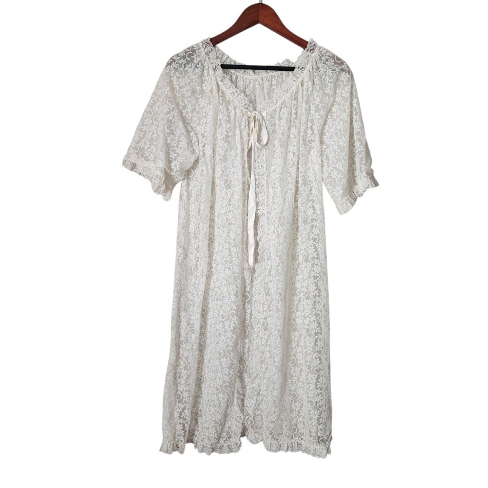 ISIS 70s Lace Peignoir Mini dress Bow Tie Cottagecore Bridal Soft Girl boudoir M